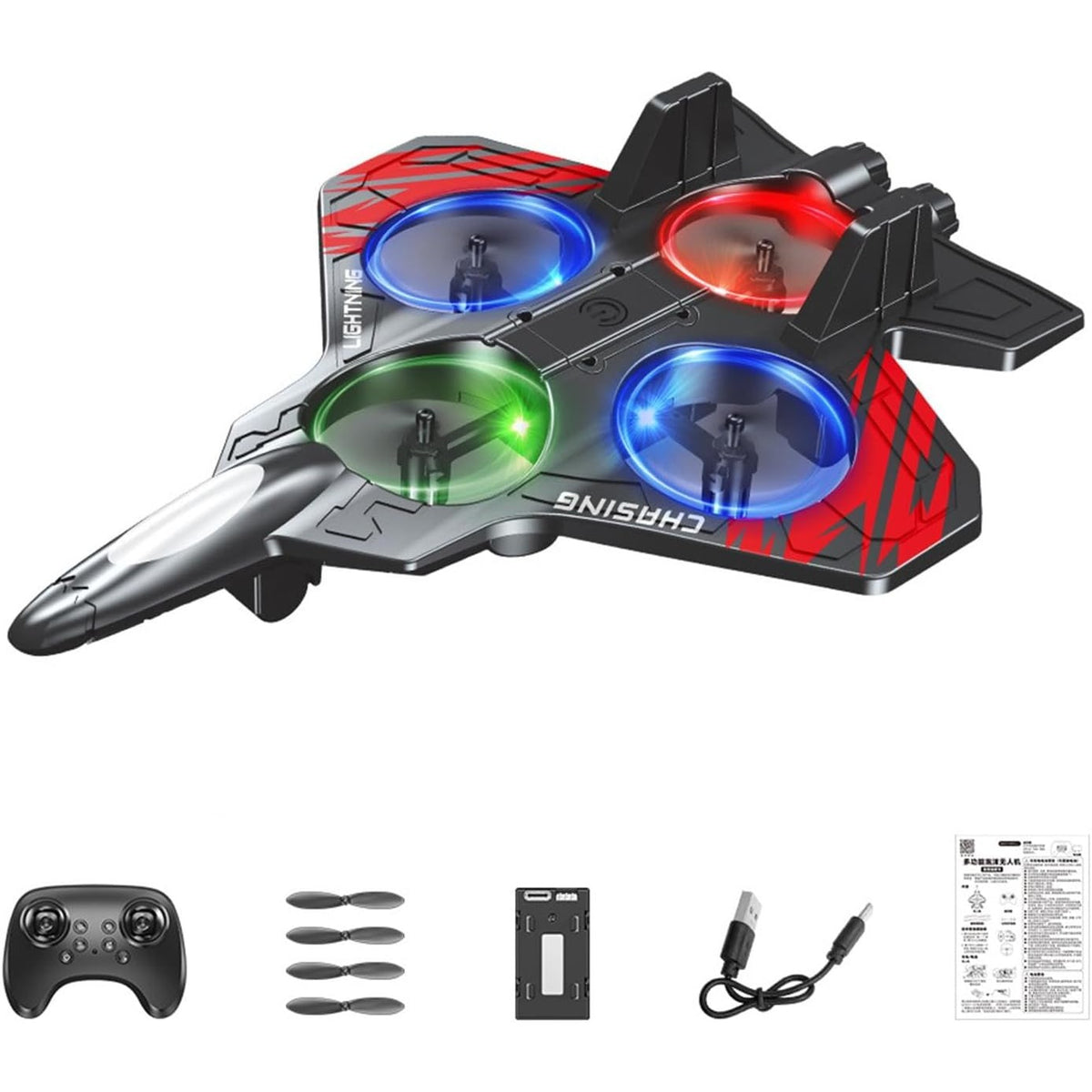 Avion de Lupta cu Telecomanda Tip Drona, Rotire 360 Grade si Lumini LED, Spuma EVA Rezistenta la Impact, Control 2.4 GHz, Raza 120 m, Incarcare USB, 25.5 x 18 x 5.2 cm, Negru-Rosu