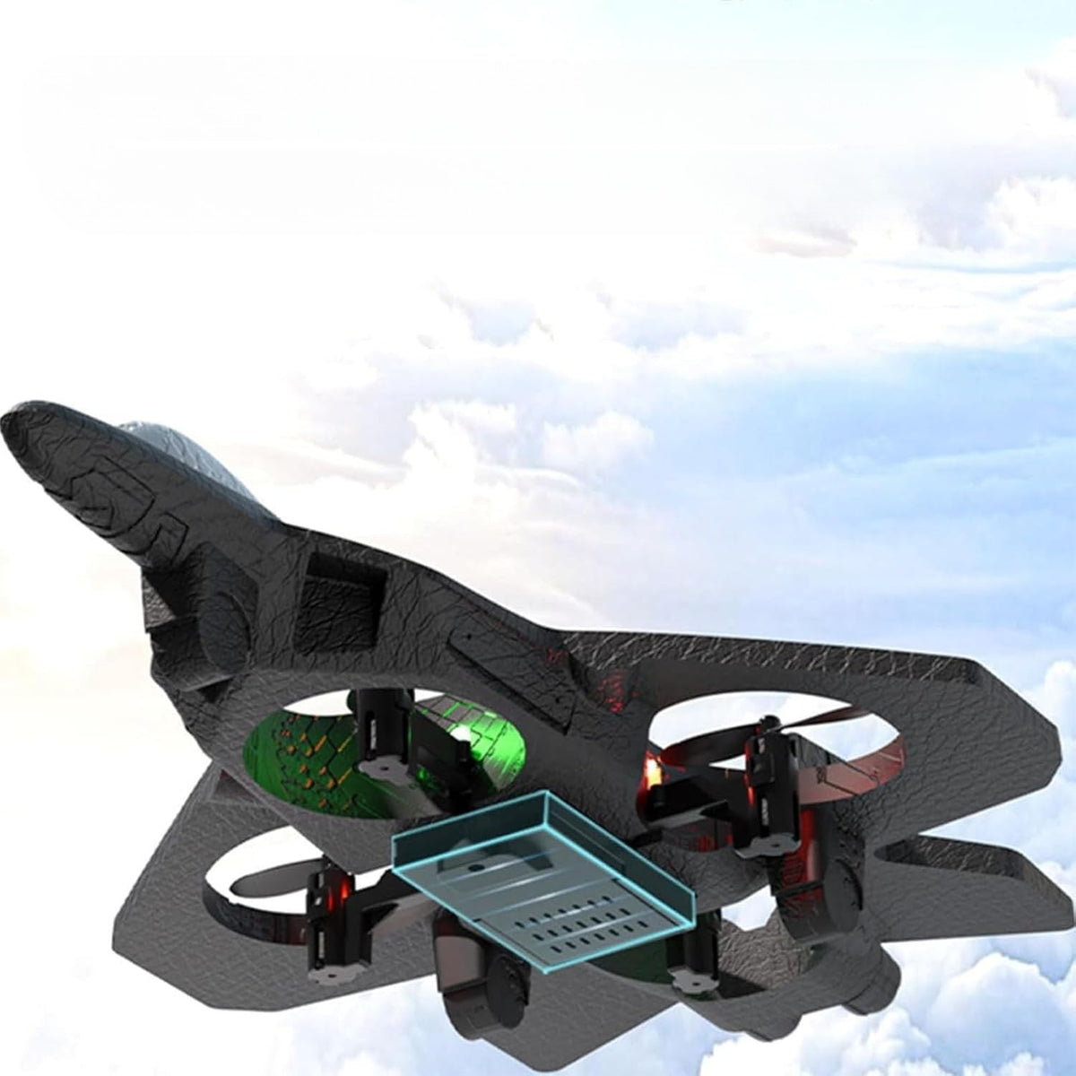 Avion de Lupta cu Telecomanda Tip Drona, Rotire 360 Grade si Lumini LED, Spuma EVA Rezistenta la Impact, Control 2.4 GHz, Raza 120 m, Incarcare USB, 25.5 x 18 x 5.2 cm, Negru-Rosu