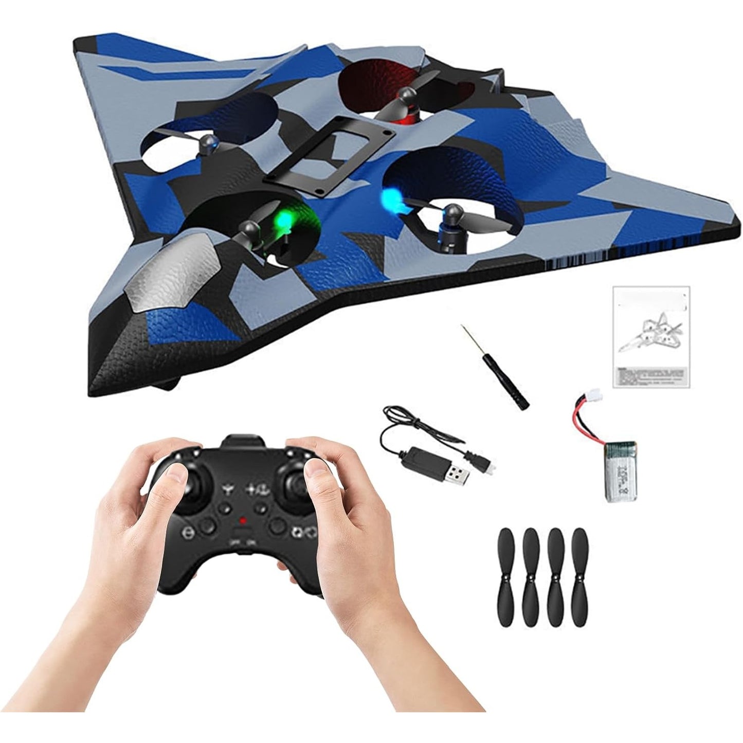 Avion de Lupta cu Telecomanda, Tip Drona, Rotire 360 Grade si Giroscop pe 6 Axe, Spuma EVA Rezistenta la Impact, Incarcare USB, Distanta 100 m, Lumini LED, Model Army, 24 x 25.5 cm, Albastru