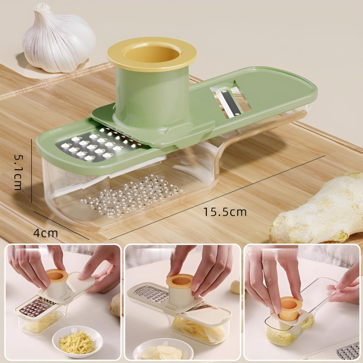 Razatoare Manuala Multifunctionala 3 in 1, Feliator si Mandolina pentru Legume si Usturoi, Recipient Stocare si Protectie Maini, Otel Inoxidabil si Plastic, 15.5 cm, Verde