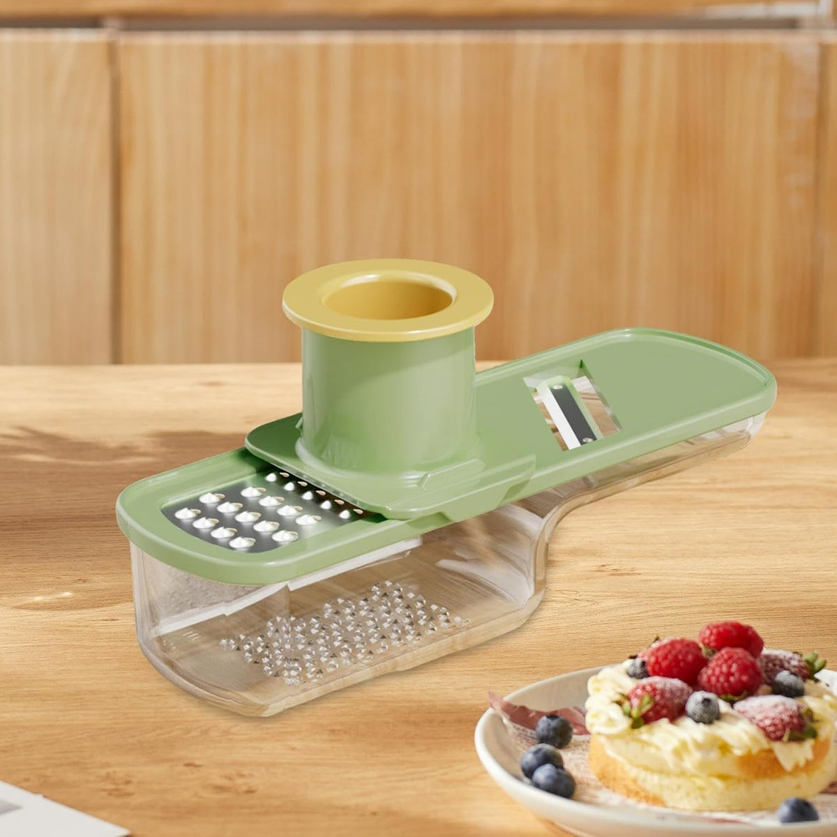 Razatoare Manuala Multifunctionala 3 in 1, Feliator si Mandolina pentru Legume si Usturoi, Recipient Stocare si Protectie Maini, Otel Inoxidabil si Plastic, 15.5 cm, Verde