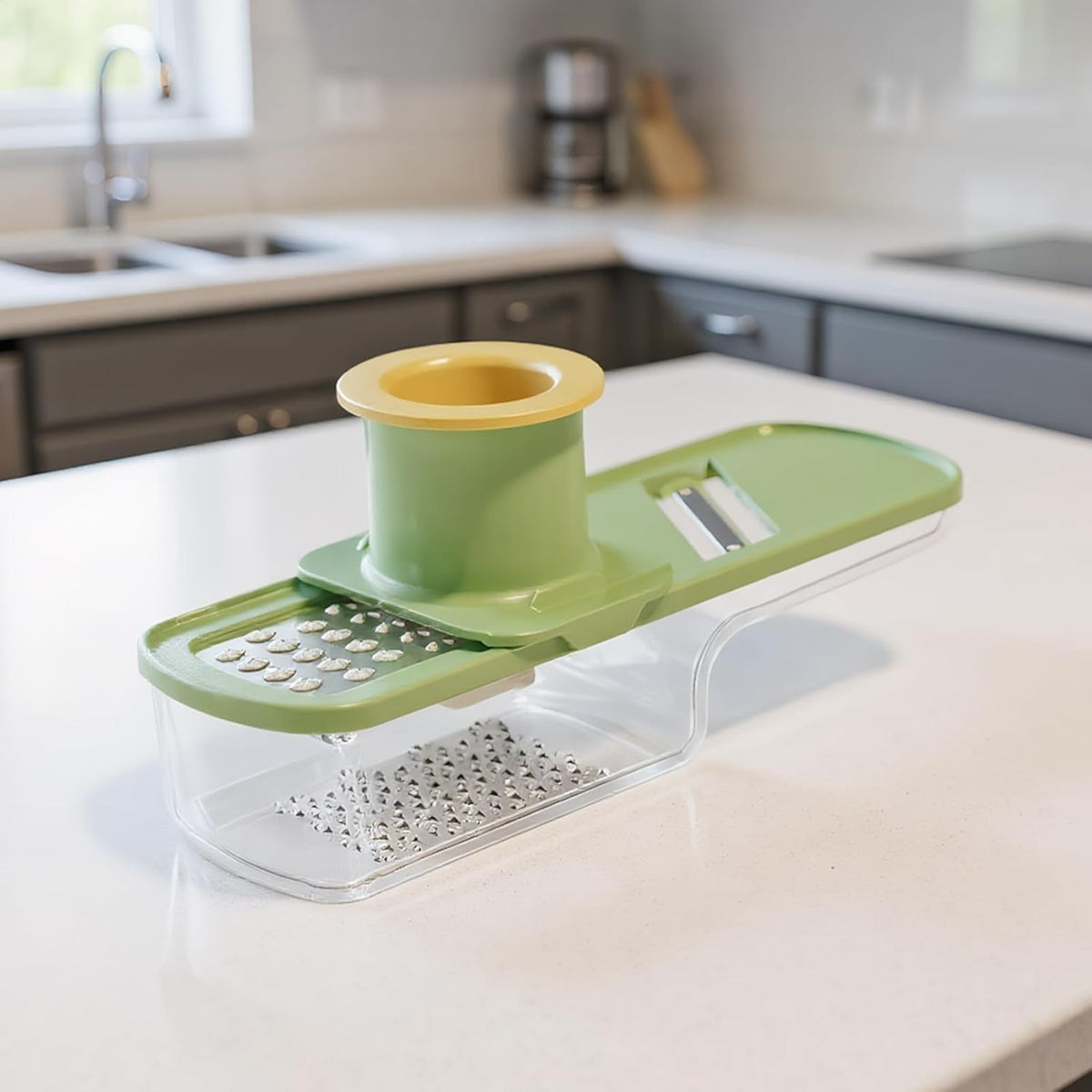 Razatoare Manuala Multifunctionala 3 in 1, Feliator si Mandolina pentru Legume si Usturoi, Recipient Stocare si Protectie Maini, Otel Inoxidabil si Plastic, 15.5 cm, Verde