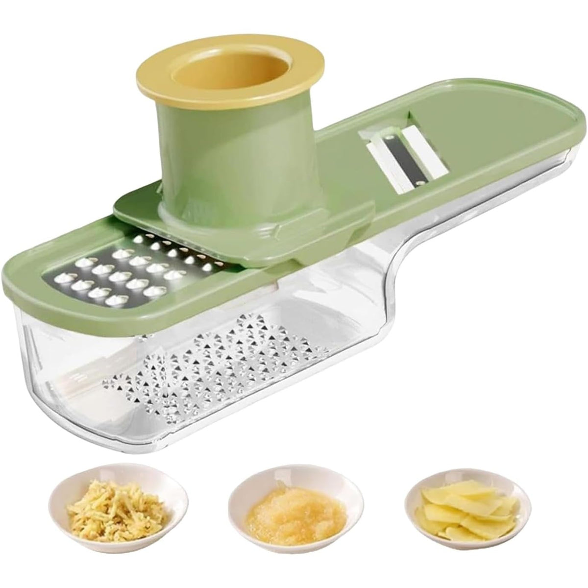 Razatoare Manuala Multifunctionala 3 in 1, Feliator si Mandolina pentru Legume si Usturoi, Recipient Stocare si Protectie Maini, Otel Inoxidabil si Plastic, 15.5 cm, Verde