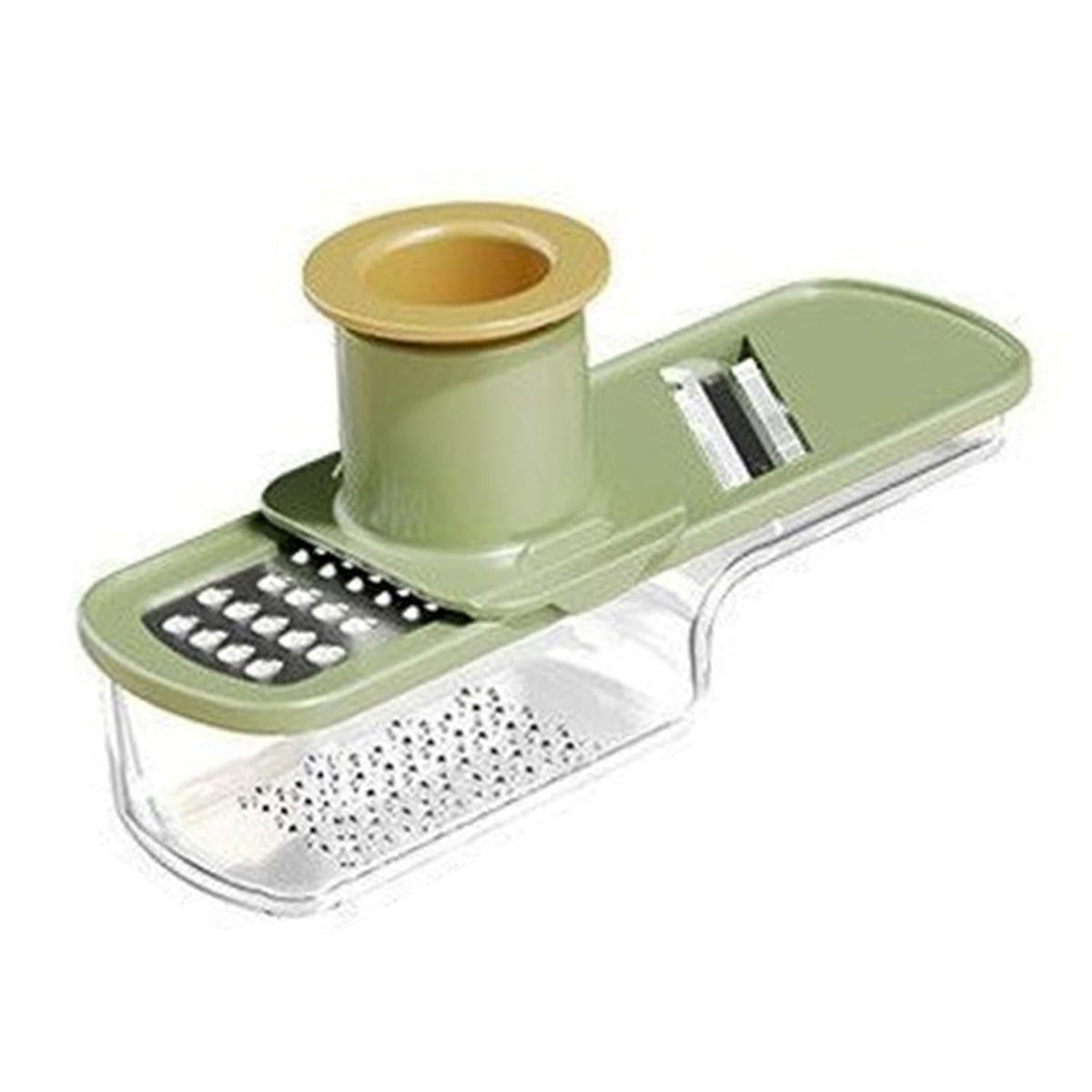 Razatoare Manuala Multifunctionala 3 in 1, Feliator si Mandolina pentru Legume si Usturoi, Recipient Stocare si Protectie Maini, Otel Inoxidabil si Plastic, 15.5 cm, Verde
