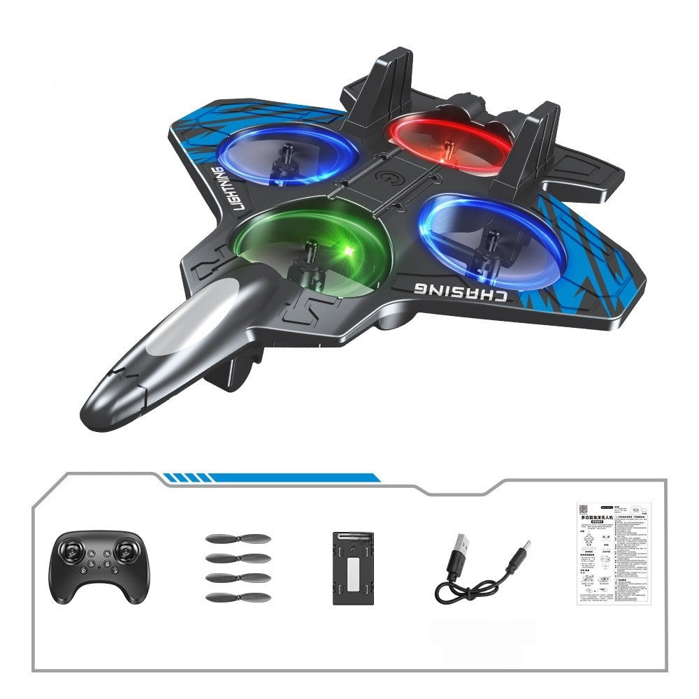 Avion de Lupta cu Telecomanda Tip Drona, Rotire 360 Grade si Lumini LED, Spuma EVA Rezistenta, Control 2.4 GHz, Raza 120 m, Incarcare USB, 25.5 x 18 x 5.2 cm, Negru-Albastru