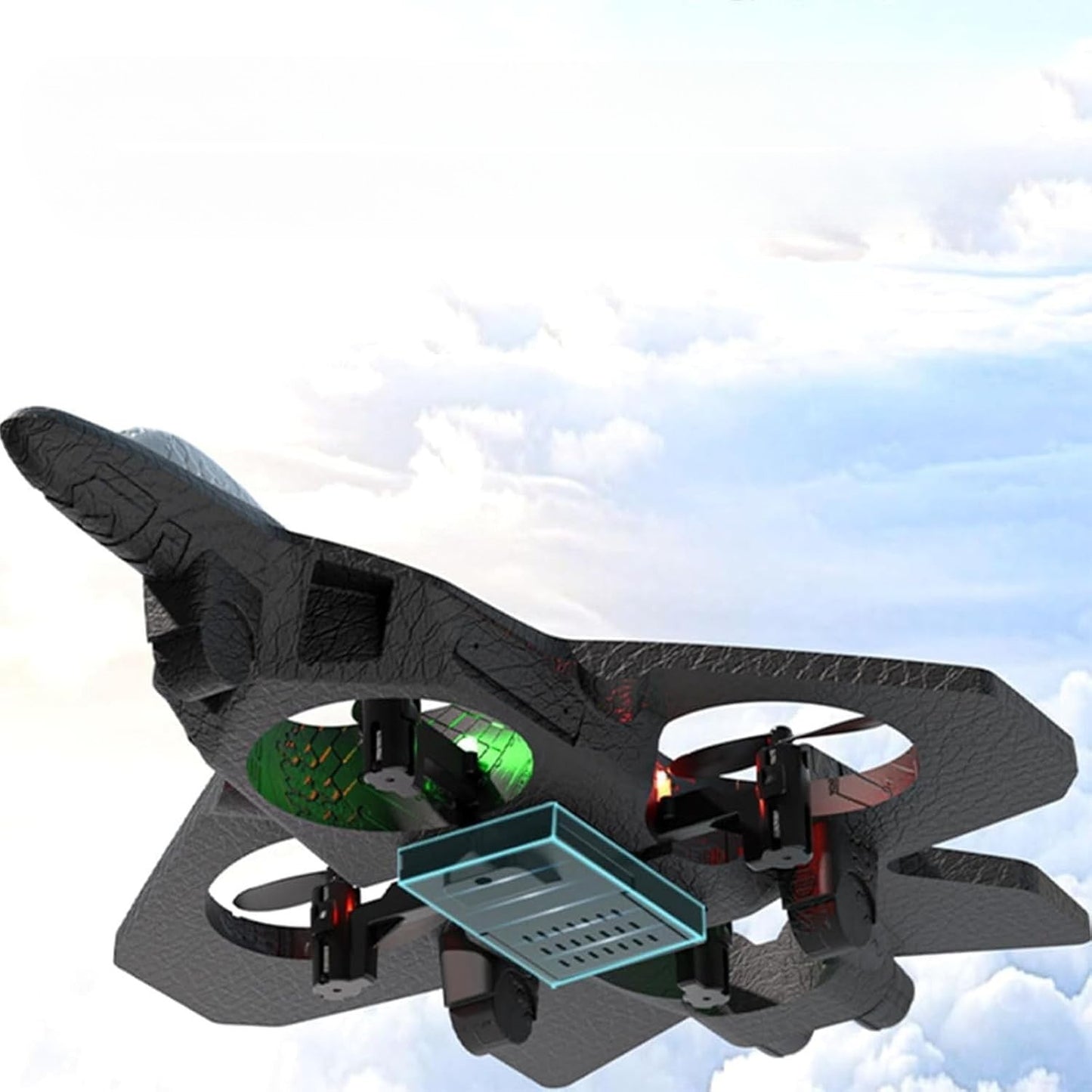 Avion de Lupta cu Telecomanda Tip Drona, Rotire 360 Grade si Lumini LED, Spuma EVA Rezistenta, Control 2.4 GHz, Raza 120 m, Incarcare USB, 25.5 x 18 x 5.2 cm, Negru-Albastru
