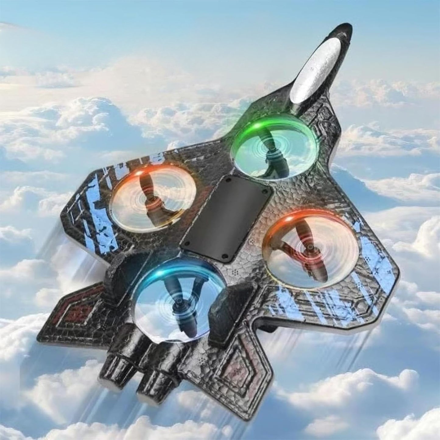 Avion de Lupta cu Telecomanda Tip Drona, Rotire 360 Grade si Lumini LED, Spuma EVA Rezistenta, Control 2.4 GHz, Raza 120 m, Incarcare USB, 25.5 x 18 x 5.2 cm, Negru-Albastru