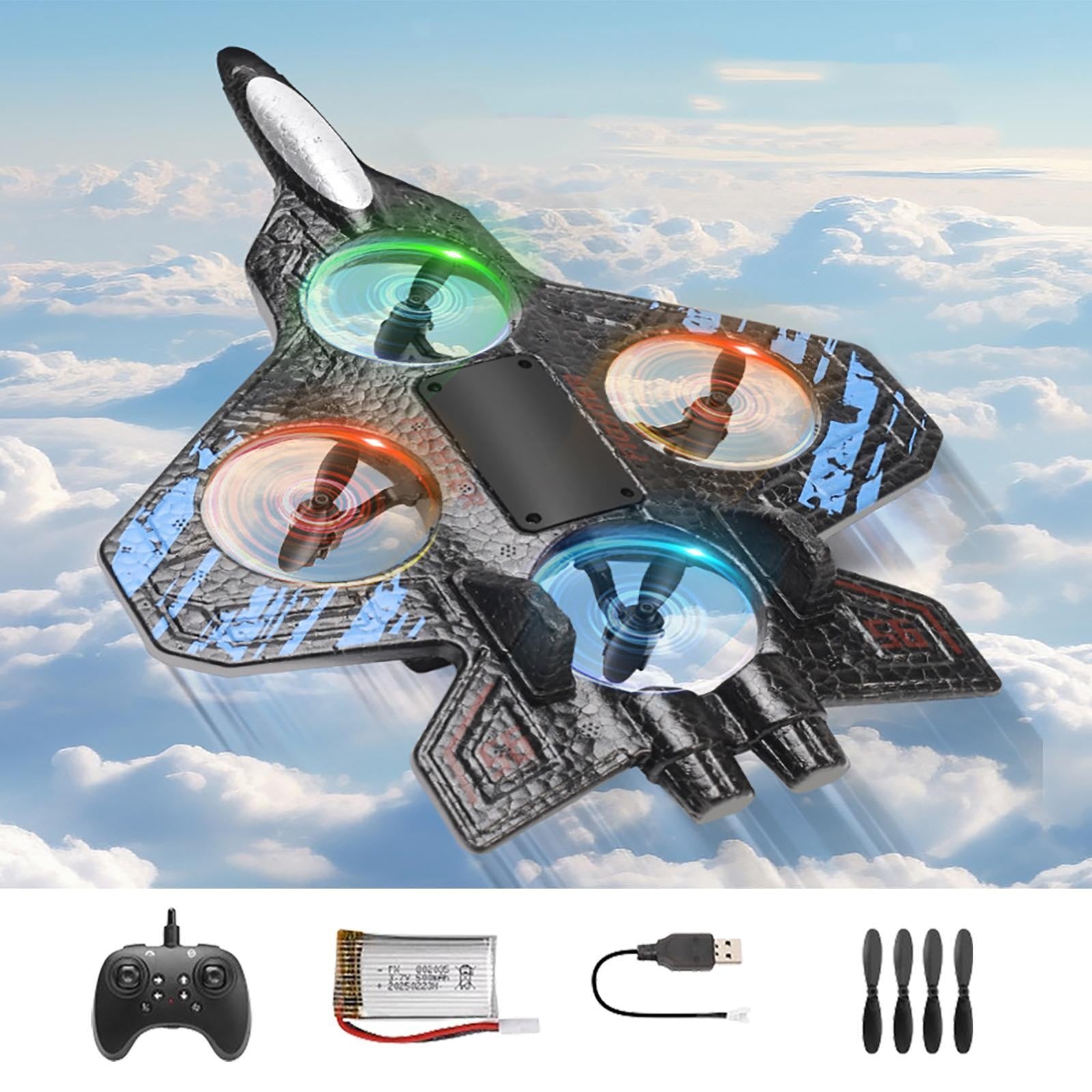 Avion de Lupta cu Telecomanda Tip Drona, Rotire 360 Grade si Lumini LED, Spuma EVA Rezistenta, Control 2.4 GHz, Raza 120 m, Incarcare USB, 25.5 x 18 x 5.2 cm, Negru-Albastru