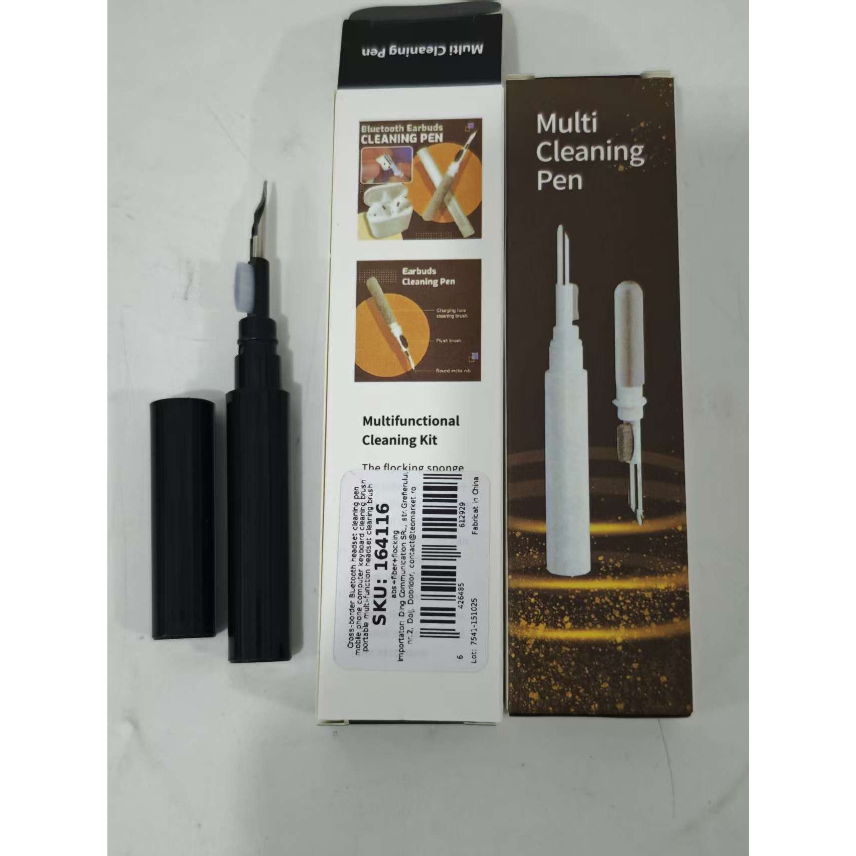 Kit de Curatare Casti 3in1, Stilou Multifunctional pentru Dispozitive Electronice, Varf Metalic si Perie, ABS si Inox, 10.6 x 1.3 cm, Negru