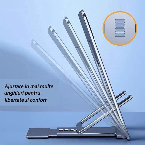 Suport pentru Telefon și Tabletă, Pliabil și Reglabil pe 4 Nivele, Design Ergonomic Portabil, ABS și Silicon Anti-Alunecare, Argintiu