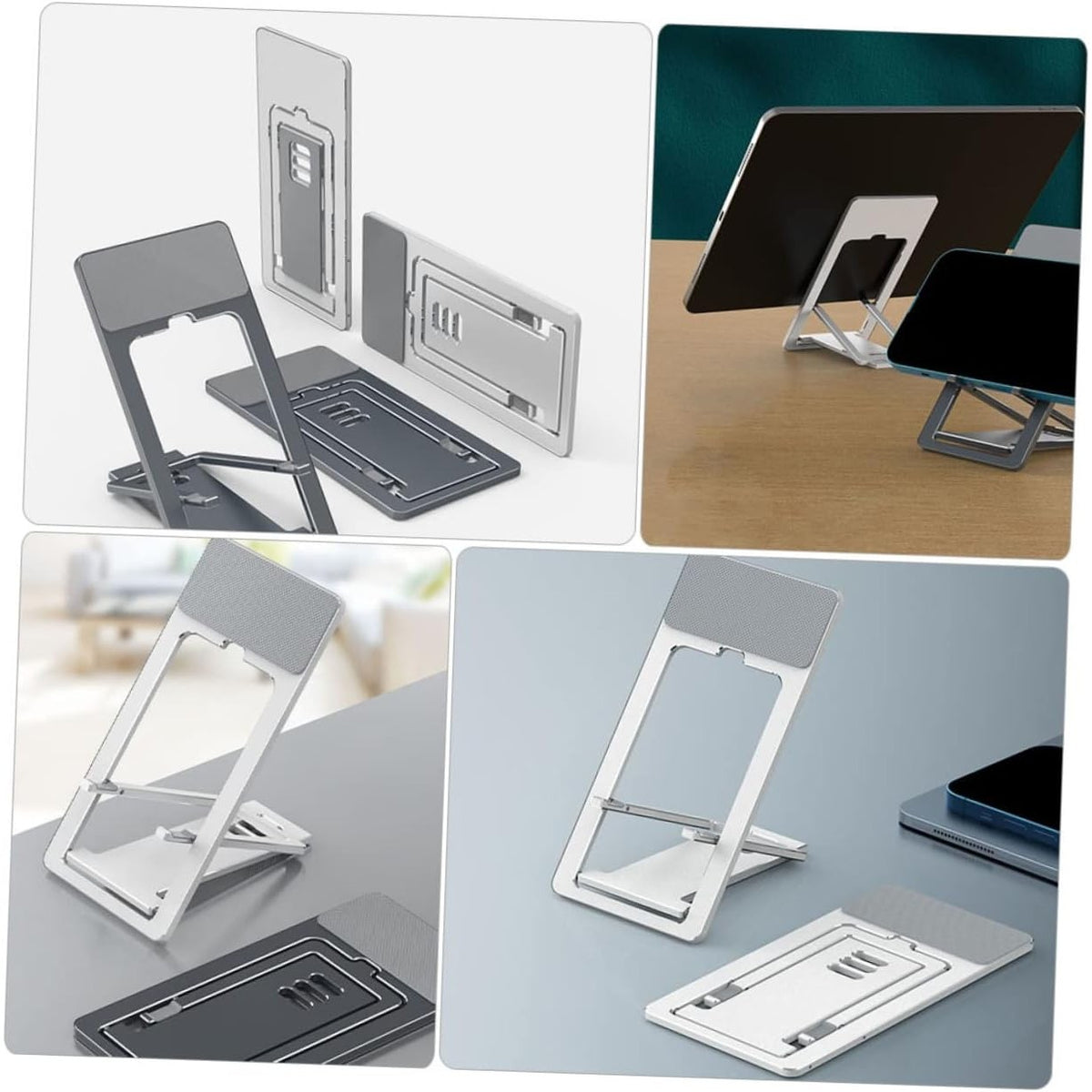 Suport pentru Telefon și Tabletă, Pliabil și Reglabil pe 4 Nivele, Design Ergonomic Portabil, ABS și Silicon Anti-Alunecare, Argintiu