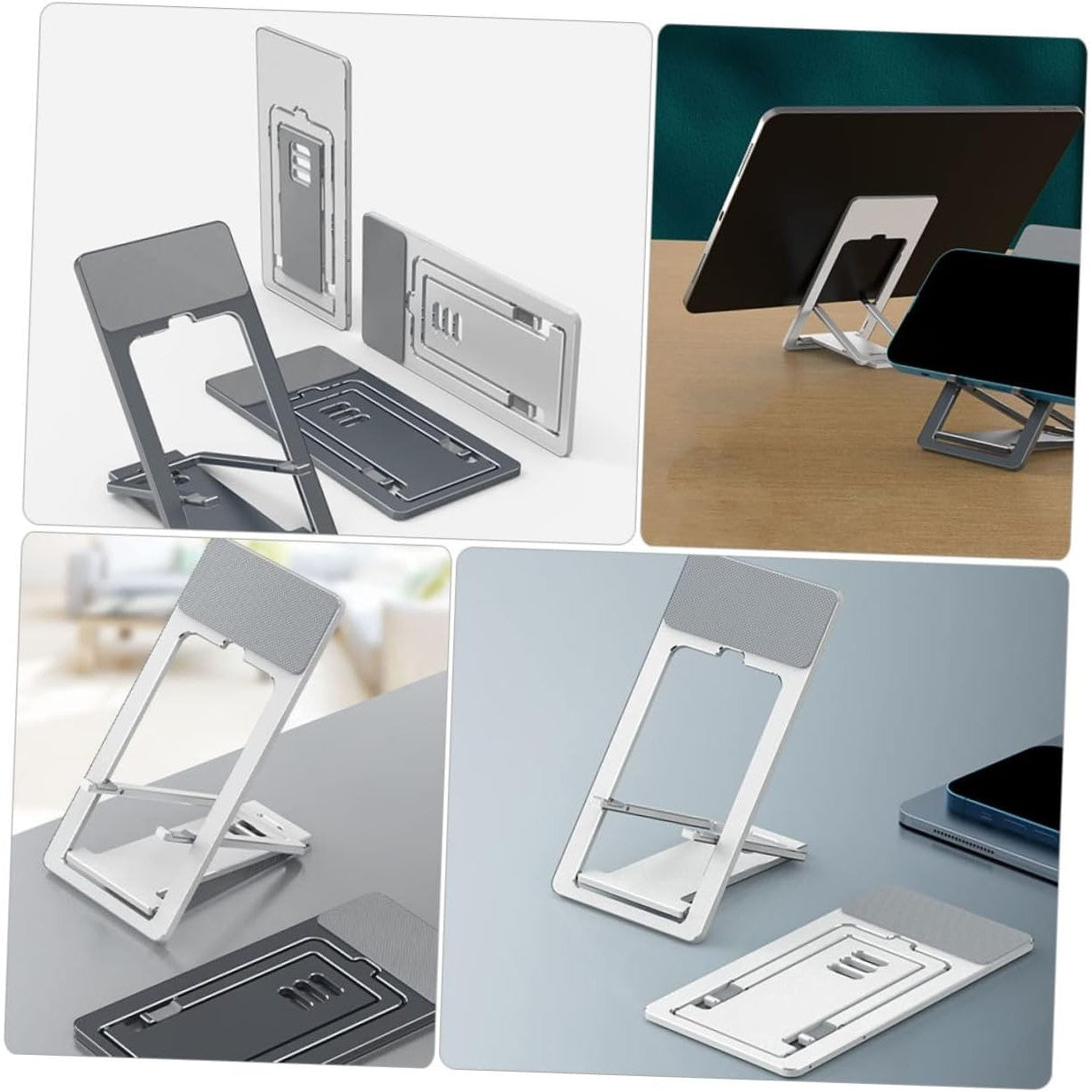 Suport pentru Telefon și Tabletă, Pliabil și Reglabil pe 4 Nivele, Design Ergonomic Portabil, ABS și Silicon Anti-Alunecare, Argintiu