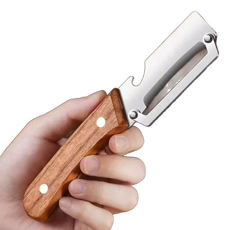 Curățător Fructe și Legume cu Desfăcător de Sticle Integrat, Design 2-în-1 Multifuncțional, Mâner Ergonomic din Lemn și PP, Maro, 130 g