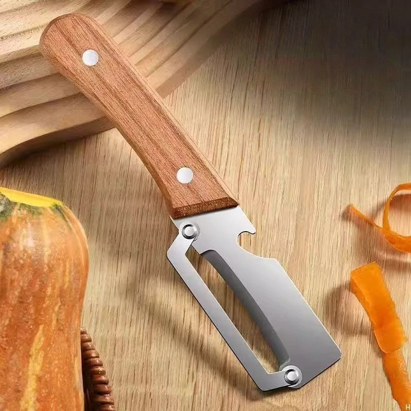 Curățător Fructe și Legume cu Desfăcător de Sticle Integrat, Design 2-în-1 Multifuncțional, Mâner Ergonomic din Lemn și PP, Maro, 130 g