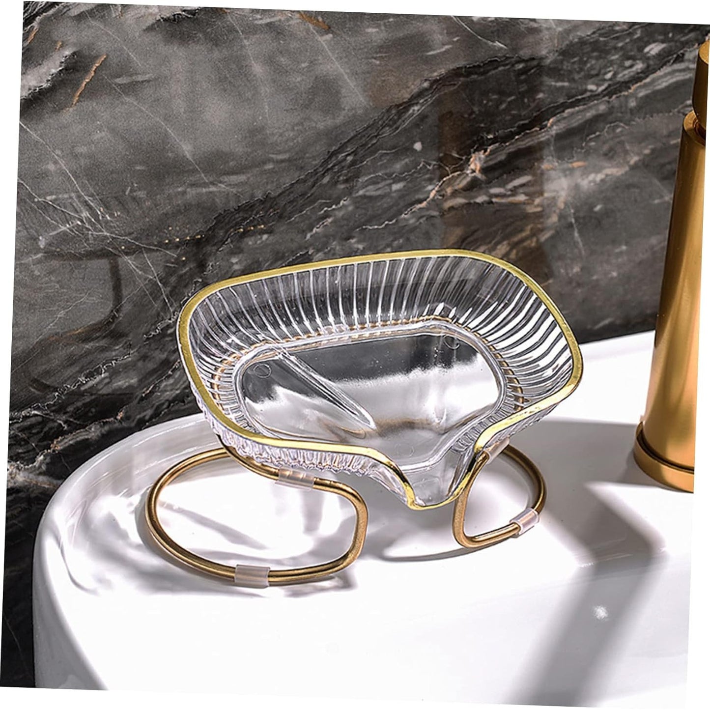 Savoniera cu Suport si Sistem de Scurgere, Design Inclinat cu Margine Aurie, Material TPE Flexibil, Transparent, 14 x 8.5 x 9 cm
