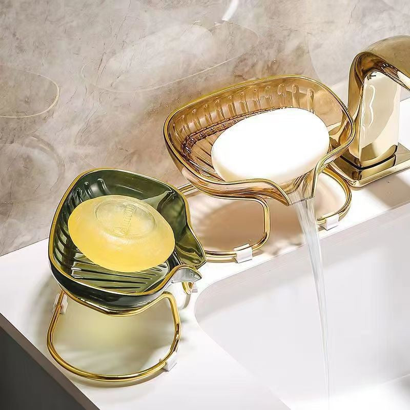 Savoniera cu Suport si Sistem de Scurgere, Design Inclinat la 45 Grade, Margine Aurie Premium, Material TPE Flexibil, 14 x 8.5 x 9 cm, Verde