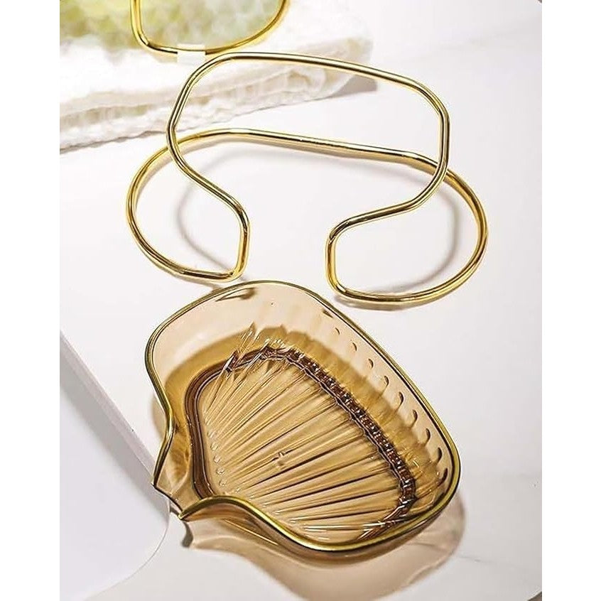 Savoniera cu Suport si Sistem de Scurgere, Inclinare 45 Grade, Design Modern cu Margine Aurie, Material TPE Flexibil, 14 x 8.5 x 9 cm, Auriu