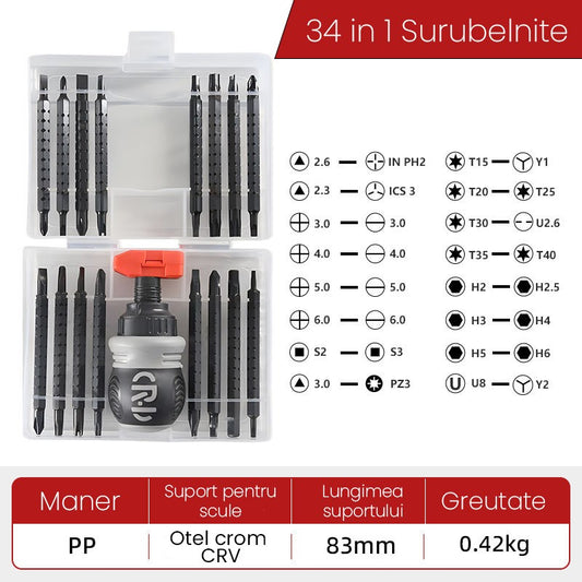 Set de Surubelnite 34-in-1 cu Clichet pentru Electronice si Reparatii Casnice, Maner Ergonomic Antiderapant, Metal, 12 x 10 x 5 cm, Negru Mat