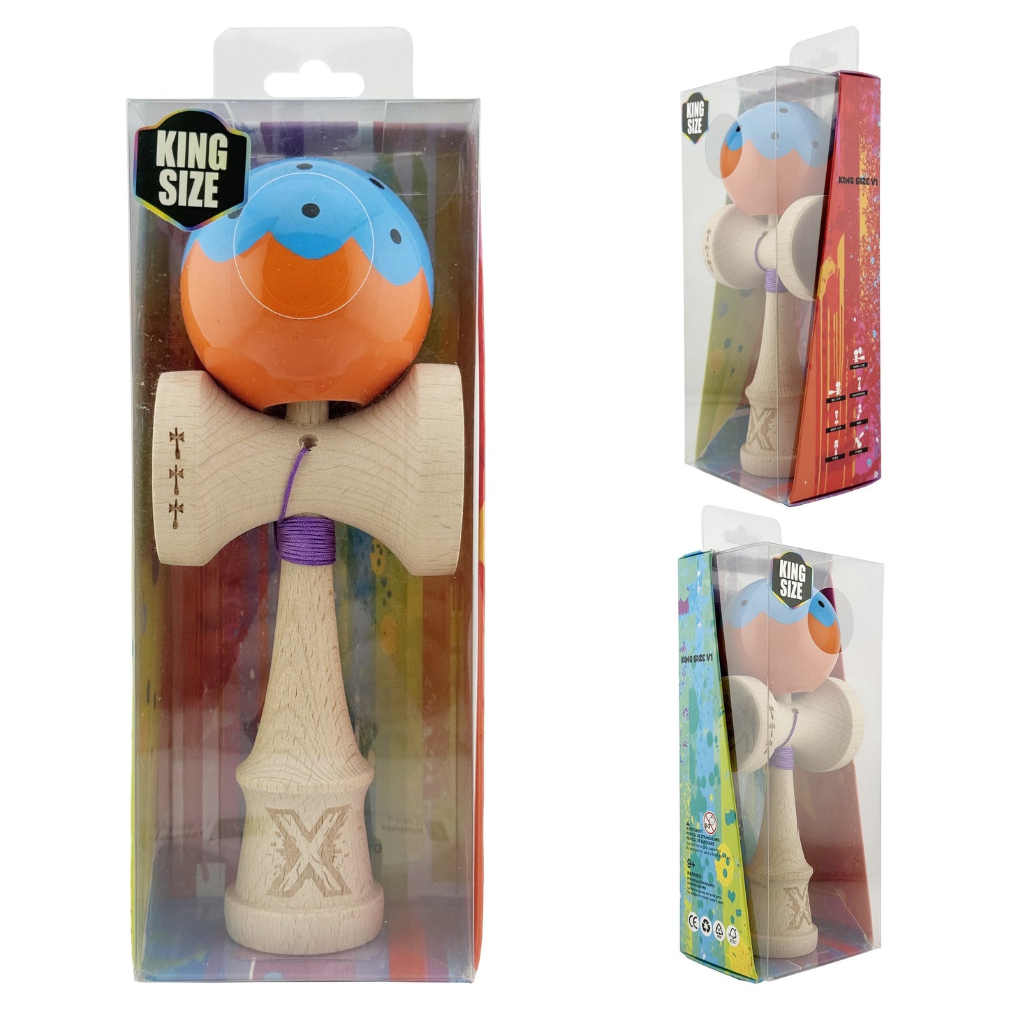 Kendama X Originala, Model Albastru / Portocaliu, Profesionala, Cupe Mari, Super Sticky, Rulment, Ata 55cm