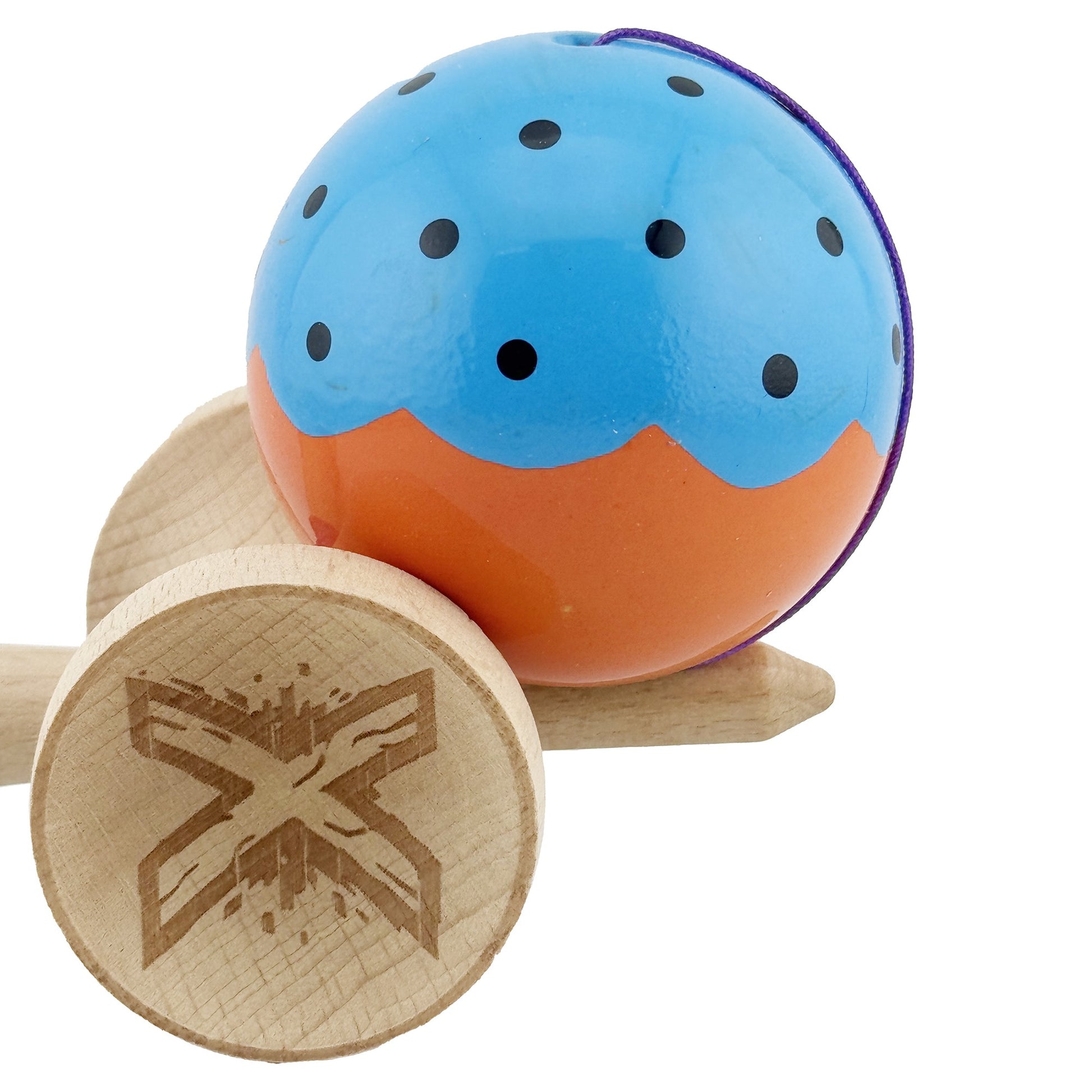 Kendama X Originala, Model Albastru / Portocaliu, Profesionala, Cupe Mari, Super Sticky, Rulment, Ata 55cm