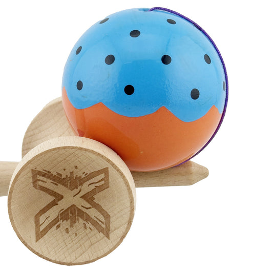 Kendama X Originala, Model Albastru / Portocaliu, Profesionala, Cupe Mari, Super Sticky, Rulment, Ata 55cm