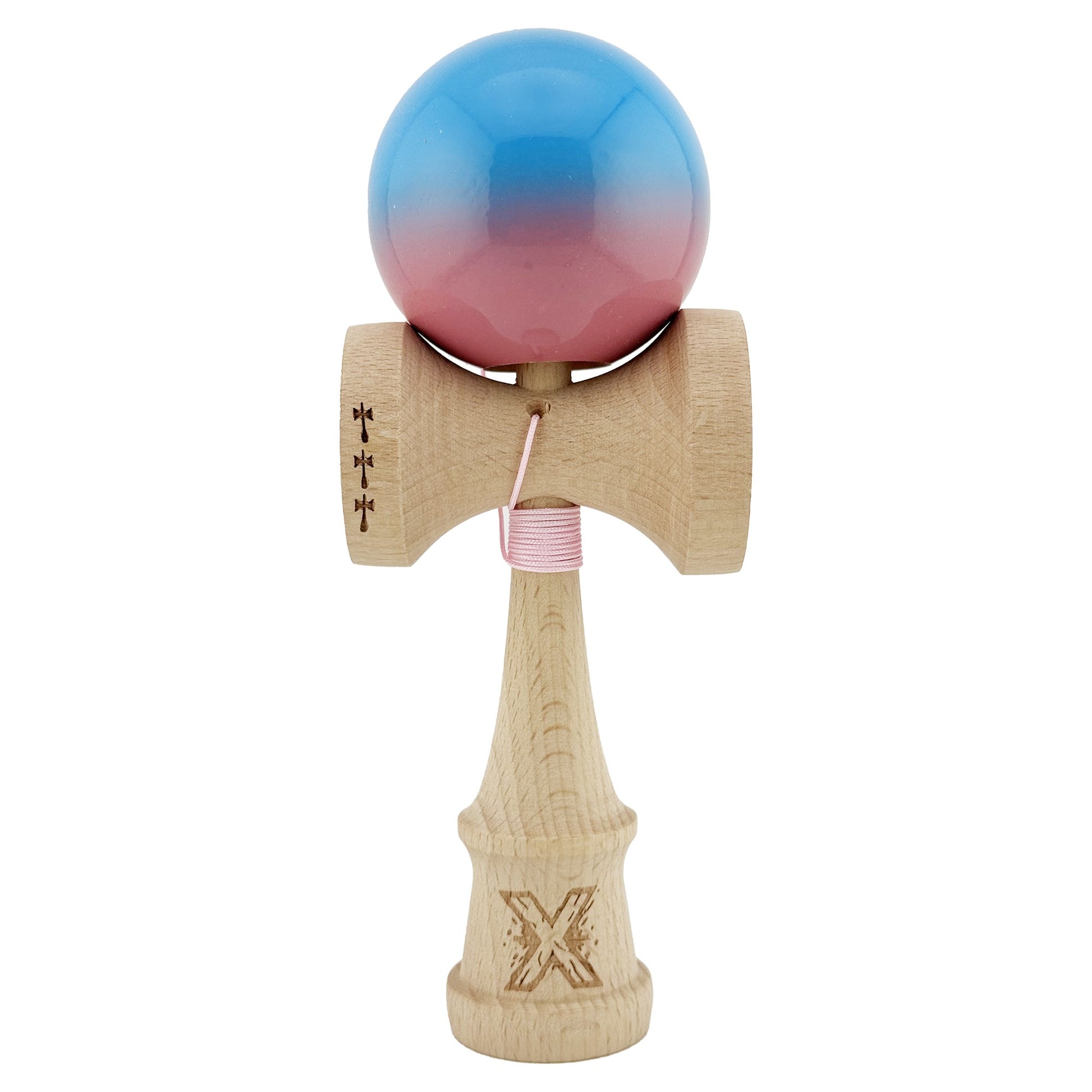 Kendama X Originala, Model Albastru / Roz in Degrade, Profesionala, Cupe Mari, Super Sticky, Rulment, Ata 55cm