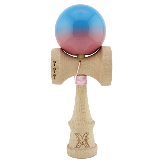 Kendama X Originala, Model Albastru / Roz in Degrade, Profesionala, Cupe Mari, Super Sticky, Rulment, Ata 55cm
