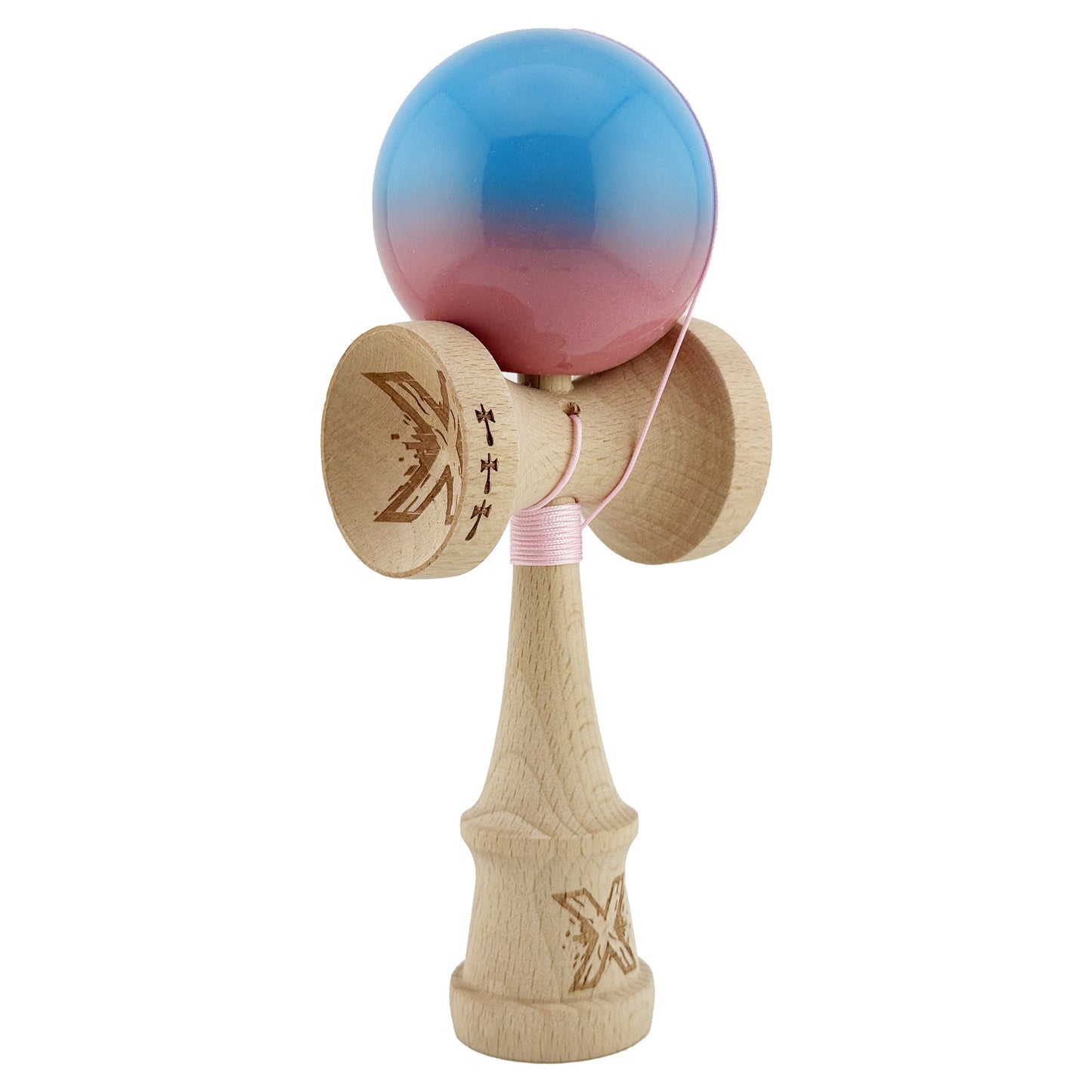 Kendama X Originala, Model Albastru / Roz in Degrade, Profesionala, Cupe Mari, Super Sticky, Rulment, Ata 55cm