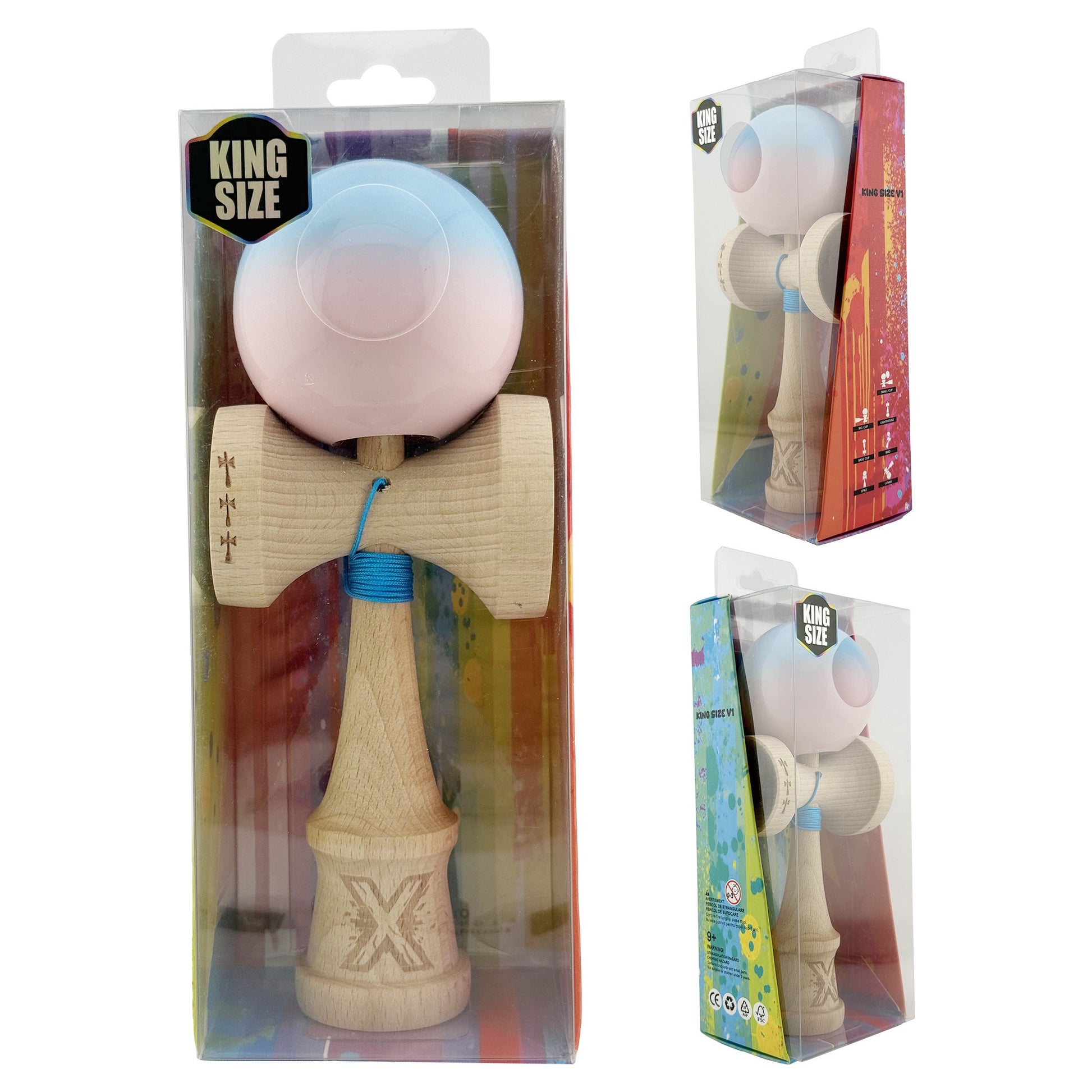 Kendama X Originala, Model Albastru / Roz in Degrade, Profesionala, Cupe Mari, Super Sticky, Rulment, Ata 55cm