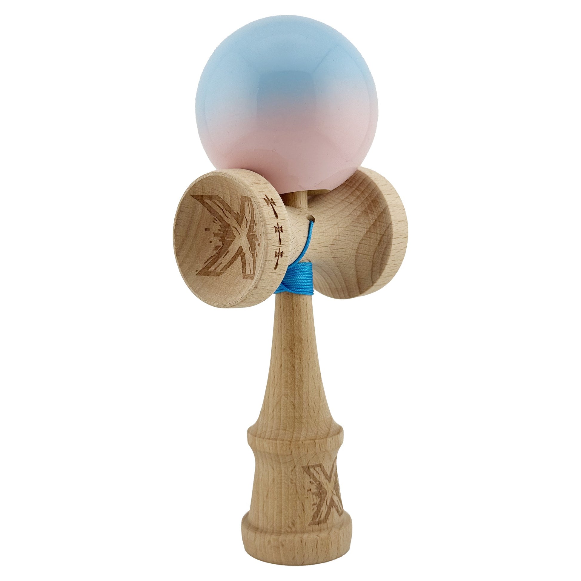 Kendama X Originala, Model Albastru / Roz in Degrade, Profesionala, Cupe Mari, Super Sticky, Rulment, Ata 55cm