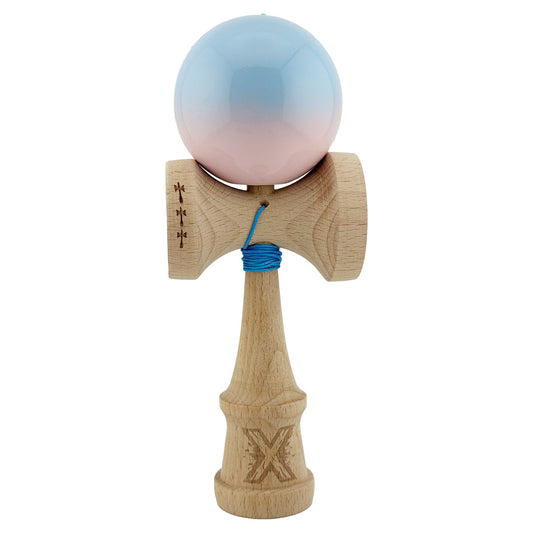 Kendama X Originala, Model Albastru / Roz in Degrade, Profesionala, Cupe Mari, Super Sticky, Rulment, Ata 55cm