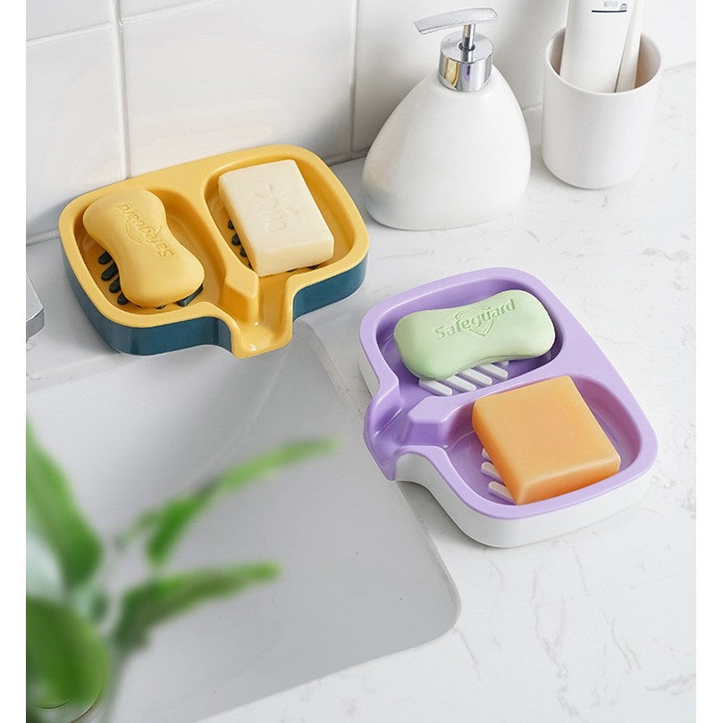 Savoniera Dubla cu Sistem de Scurgere a Apei, Suport Sapun pentru Baie si Bucatarie, Plastic ABS Rezistent, 14.5 x 18 x 3 cm, Mov/Alb