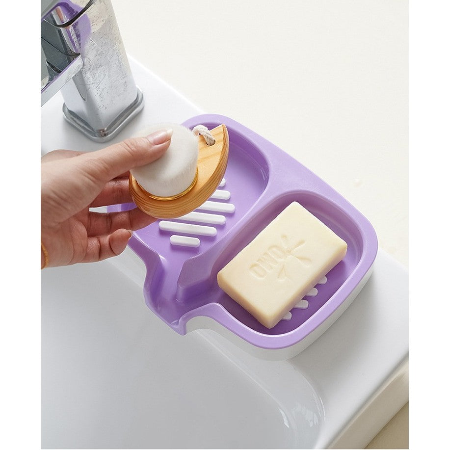 Savoniera Dubla cu Sistem de Scurgere a Apei, Suport Sapun pentru Baie si Bucatarie, Plastic ABS Rezistent, 14.5 x 18 x 3 cm, Mov/Alb