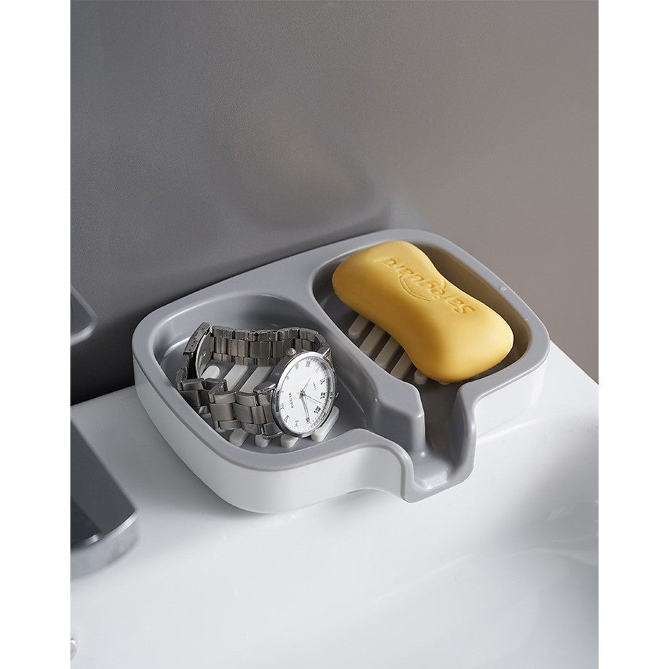 Savoniera Dubla cu Sistem de Scurgere a Apei, Suport Sapun pentru Baie si Bucatarie, Plastic ABS Rezistent, 14.5 x 18 x 3 cm, Alb/Gri