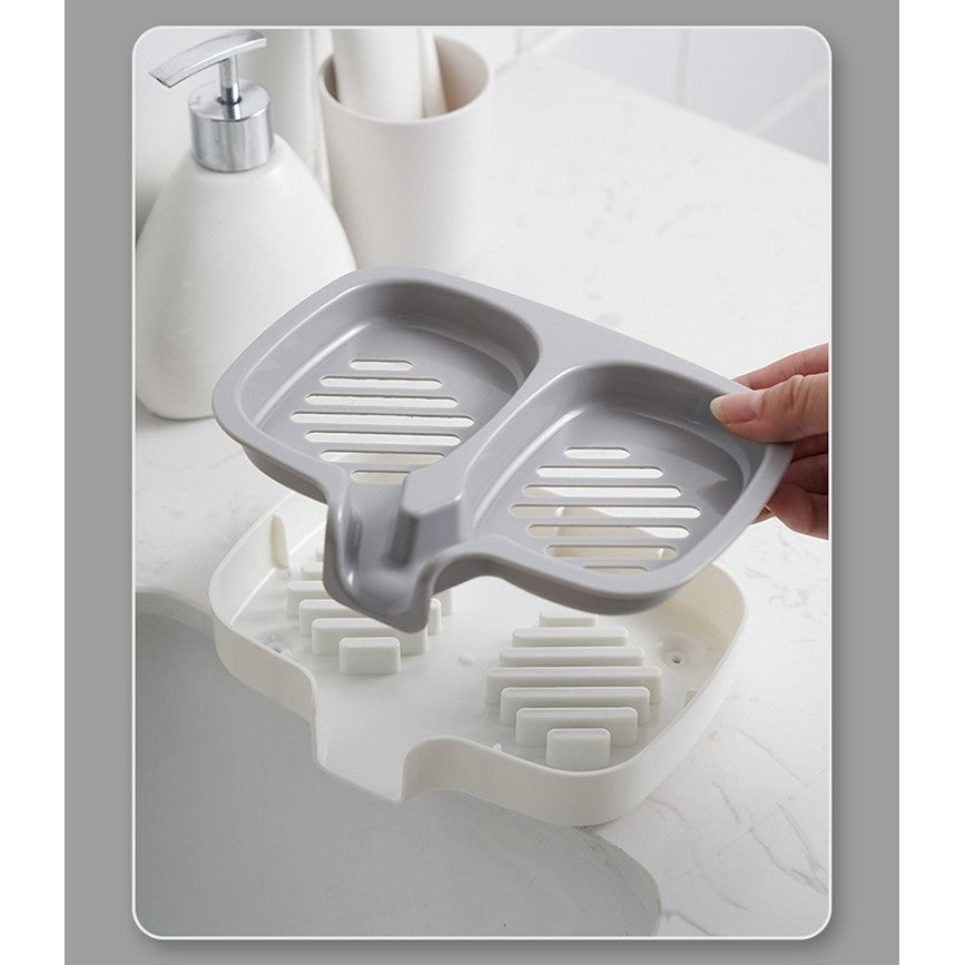 Savoniera Dubla cu Sistem de Scurgere a Apei, Suport Sapun pentru Baie si Bucatarie, Plastic ABS Rezistent, 14.5 x 18 x 3 cm, Alb/Gri