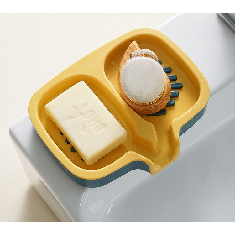 Savoniera Dubla cu Sistem de Scurgere a Apei, Suport Sapun pentru Baie si Bucatarie, Plastic ABS Rezistent, 14.5 x 18 x 3 cm, Albastru/Galben