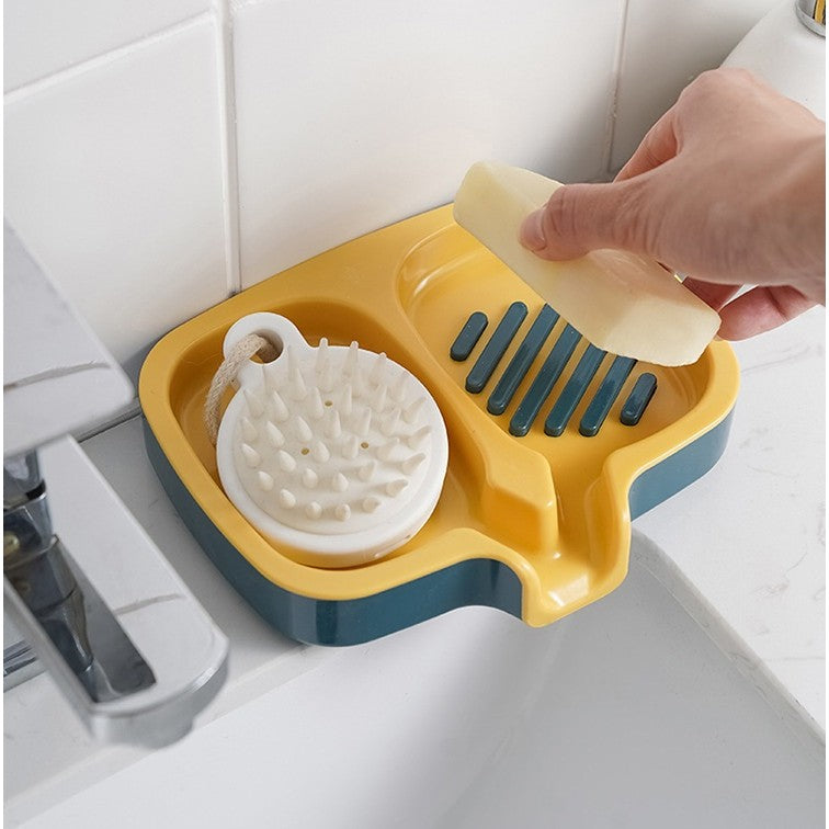 Savoniera Dubla cu Sistem de Scurgere a Apei, Suport Sapun pentru Baie si Bucatarie, Plastic ABS Rezistent, 14.5 x 18 x 3 cm, Albastru/Galben