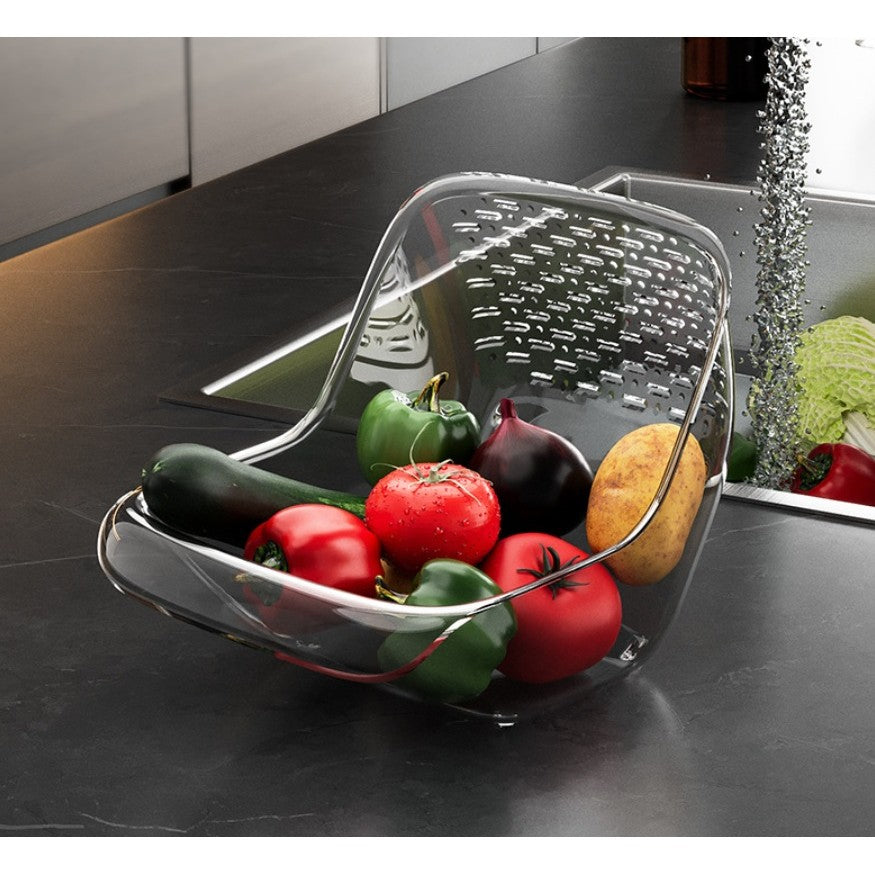Coș de Spălat și Scurgere Legume, Fructe și Paste, Strecurătoare Multifuncțională cu Drenare Rapidă, Material PET Rezistent, 15.5 x 18.6 x 16.2 cm, Transparent