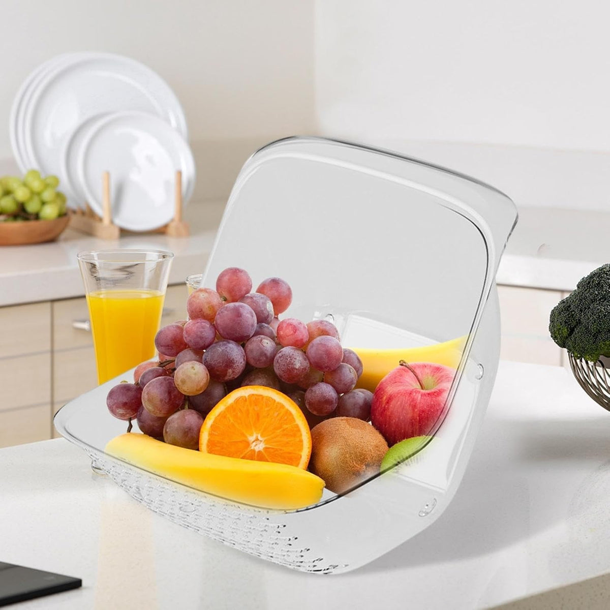 Coș de Spălat și Scurgere Legume, Fructe și Paste, Strecurătoare Multifuncțională cu Drenare Rapidă, Material PET Rezistent, 15.5 x 18.6 x 16.2 cm, Transparent