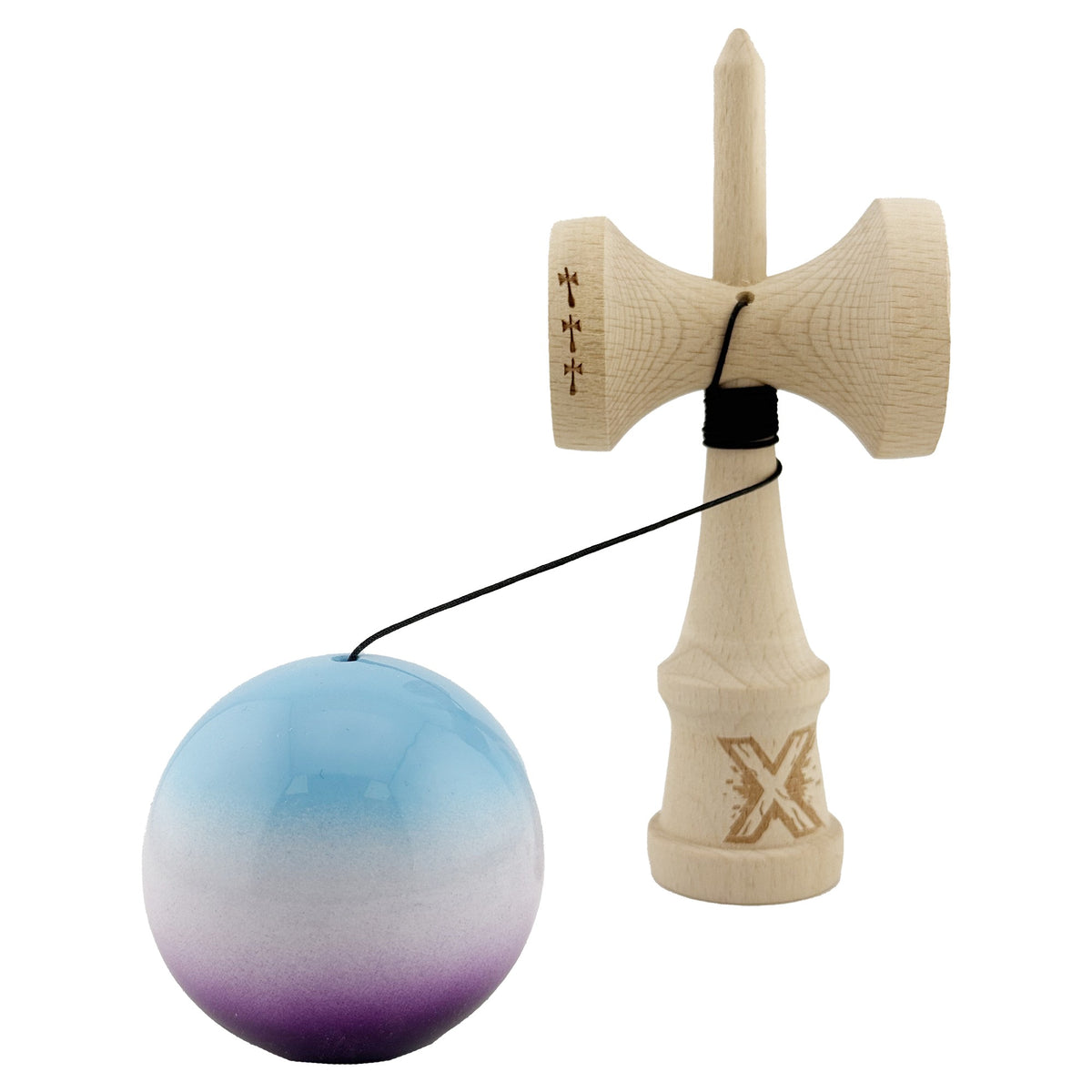 Kendama X Originala, Model Albastru / Alb / Mov in Degrade, Profesionala, Cupe Mari, Super Sticky, Rulment, Ata 55cm