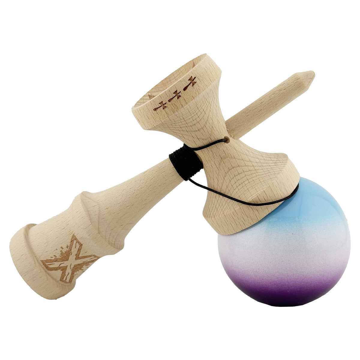 Kendama X Originala, Model Albastru / Alb / Mov in Degrade, Profesionala, Cupe Mari, Super Sticky, Rulment, Ata 55cm