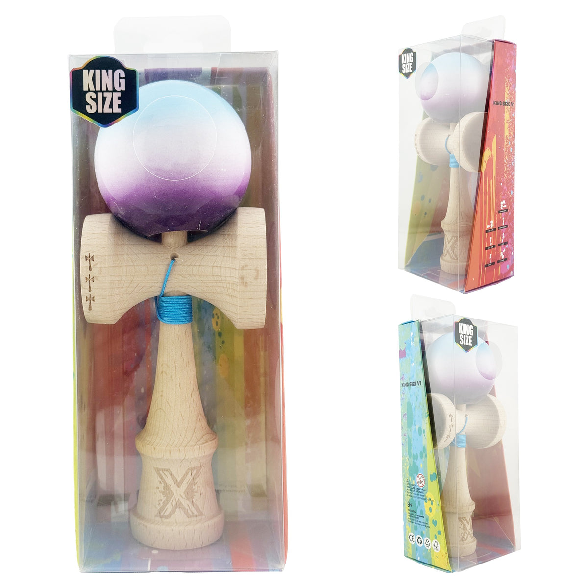Kendama X Originala, Model Albastru / Alb / Mov in Degrade, Profesionala, Cupe Mari, Super Sticky, Rulment, Ata 55cm