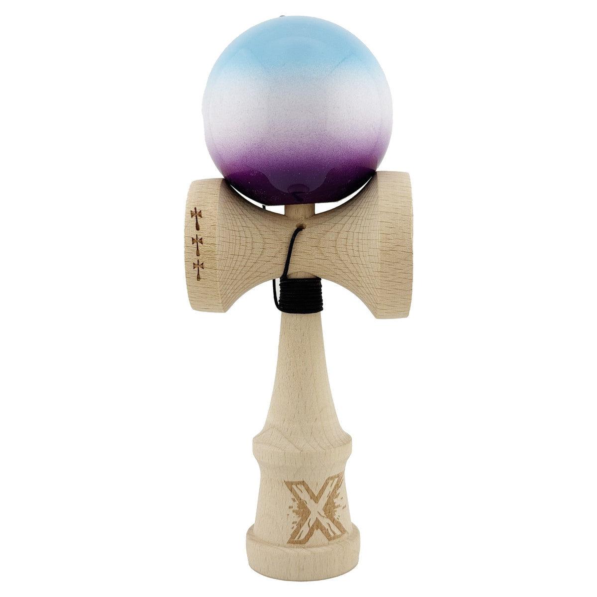 Kendama X Originala, Model Albastru / Alb / Mov in Degrade, Profesionala, Cupe Mari, Super Sticky, Rulment, Ata 55cm