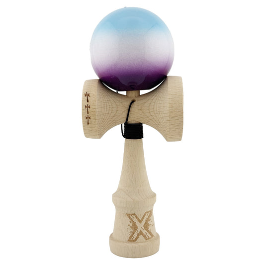 Kendama X Originala, Model Albastru / Alb / Mov in Degrade, Profesionala, Cupe Mari, Super Sticky, Rulment, Ata 55cm