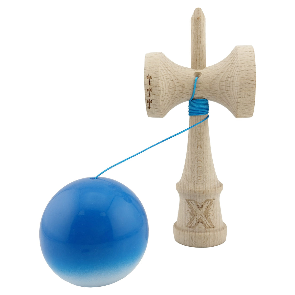Kendama X Originala, Model Albastru / Alb in Degrade, Profesionala, Cupe Mari, Super Sticky, Rulment, Ata 55cm