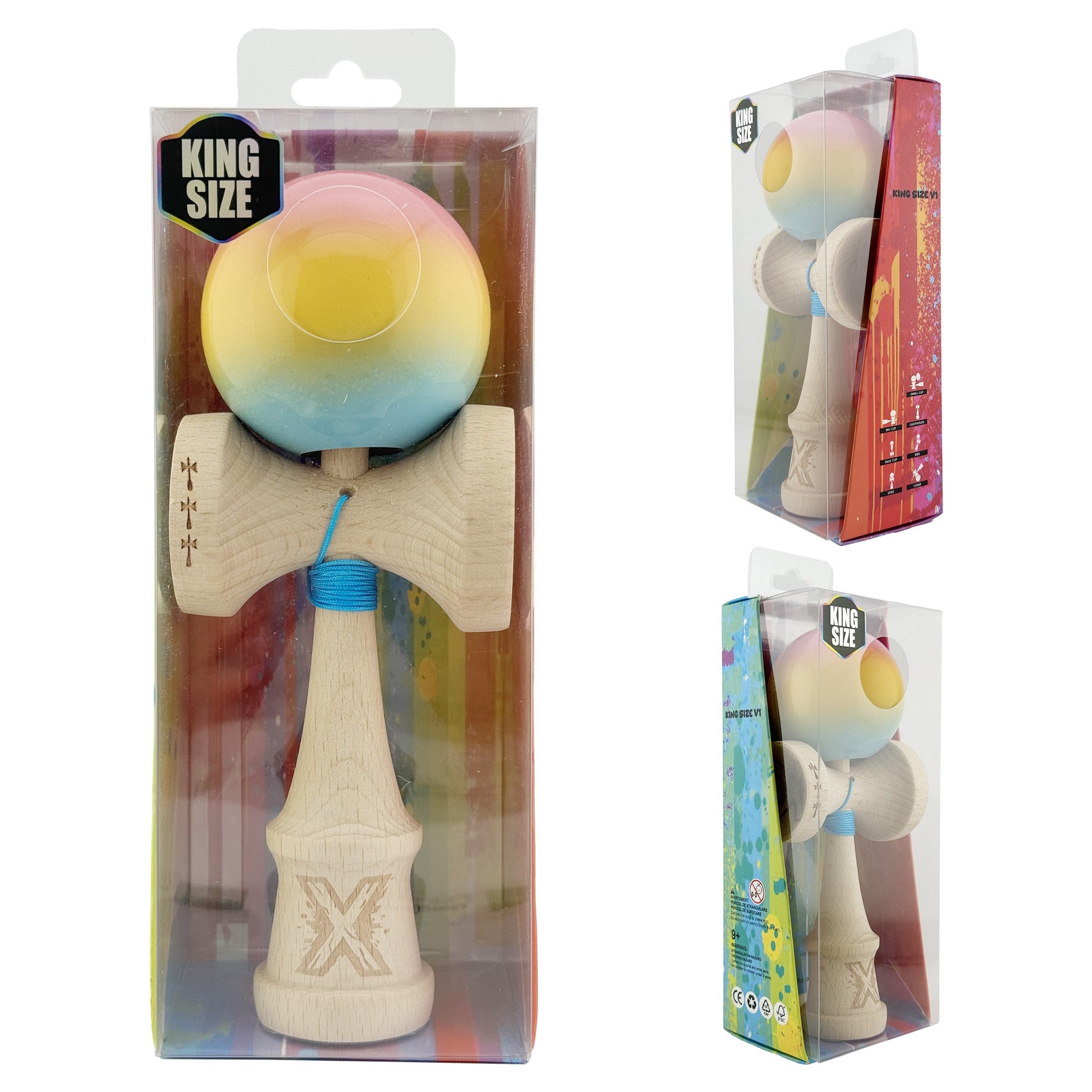 Kendama X Originala, Model Roz / Galben / Albastru in Degrade, Profesionala, Cupe Mari, Super Sticky, Rulment, Ata 55cm