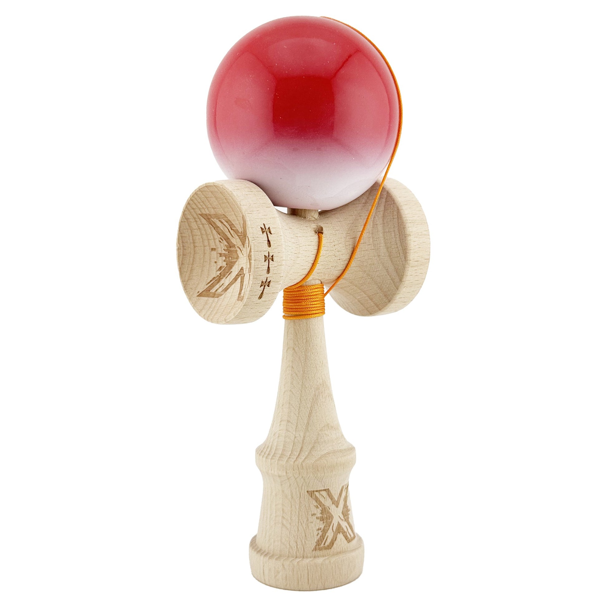 Kendama X Originala, Model Rosu / Alb in Degrade, Profesionala, Cupe Mari, Super Sticky, Rulment, Ata 55cm