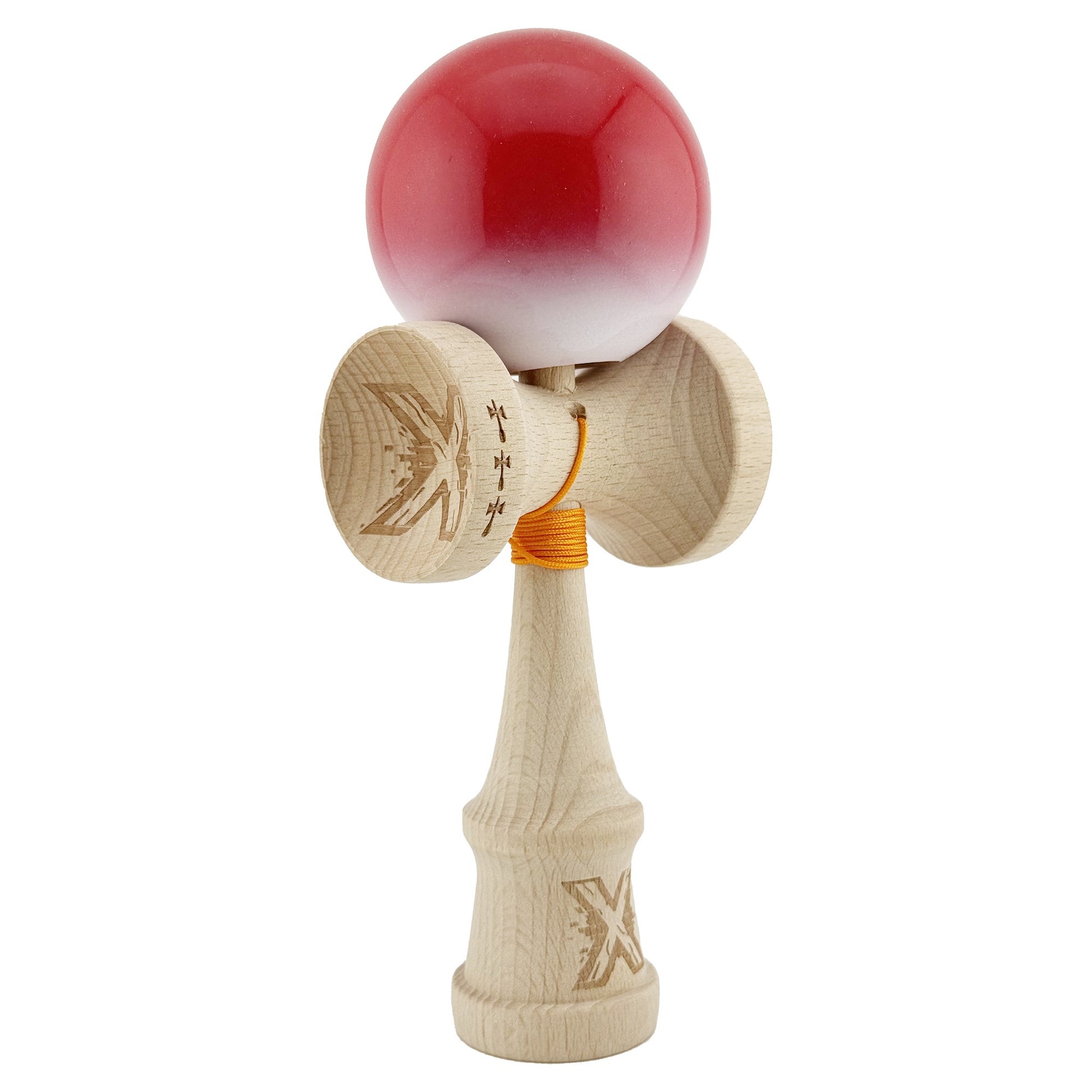 Kendama X Originala, Model Rosu / Alb in Degrade, Profesionala, Cupe Mari, Super Sticky, Rulment, Ata 55cm