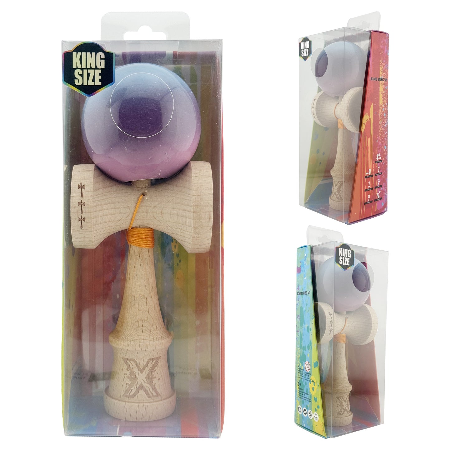 Kendama X Originala, Model Albastru / Mov / Roz in Degrade, Profesionala, Cupe Mari, Super Sticky, Rulment, Ata 55cm