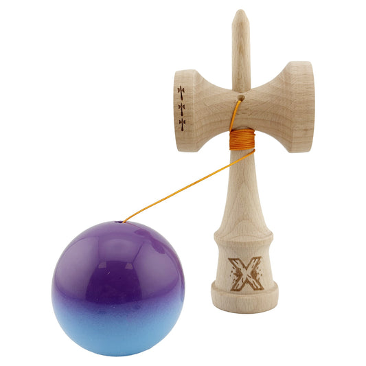 Kendama X Originala, Model Mov / Albastru in Degrade, Profesionala, Cupe Mari, Super Sticky, Rulment, Ata 55cm